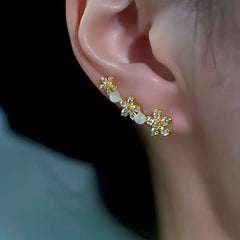 14K Gold-Plated Cat's Eye Stone Zircon Flower Crawler Earrings