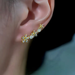 14K Gold-Plated Cat's Eye Stone Zircon Flower Crawler Earrings