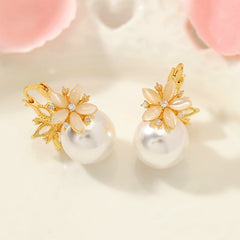 14K Gold-Plated Diamond-Studded Flower Pearl Earrings