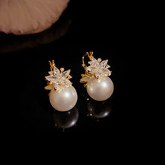 14K Gold-Plated Diamond-Studded Flower Pearl Earrings
