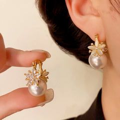 14K Gold-Plated Diamond-Studded Flower Pearl Earrings