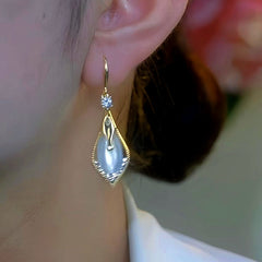 14K Gold-Plated Elegant Cat's Eye Stone Leaf Earrings