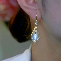 14K Gold-Plated Elegant Cat's Eye Stone Leaf Earrings