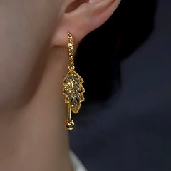 14K Gold-Plated Elegant Gray Diamond Leaf Earrings