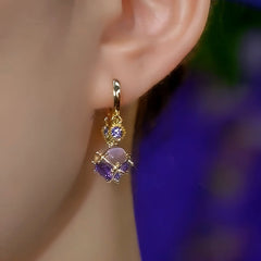14K Gold-Plated Elegant Purple Zircon Diamond Cat's Eye Stone Tassel Earrings