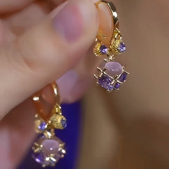 14K Gold-Plated Elegant Purple Zircon Diamond Cat's Eye Stone Tassel Earrings