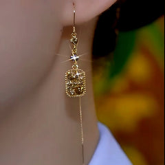 14K Gold-Plated Full Diamond Geometric Square Long Threader Tassel Earrings