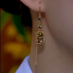 14K Gold-Plated Full Diamond Geometric Square Long Threader Tassel Earrings