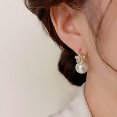 14K Gold-Plated Luxury Zircon Flower Pearl Earrings