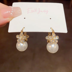 14K Gold-Plated Luxury Zircon Flower Pearl Earrings