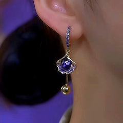 14K Gold-Plated Purple Zircon Leaf Pearl Earrings