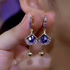 14K Gold-Plated Purple Zircon Leaf Pearl Earrings