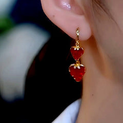 14K Gold-Plated Zircon Red Heart Earrings