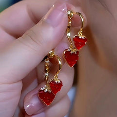 14K Gold-Plated Zircon Red Heart Earrings