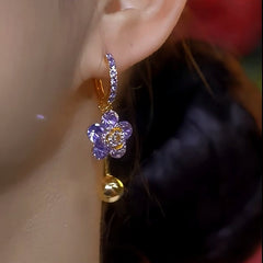 14K Gold-plated Elegant Purple Zircon Flower Earrings