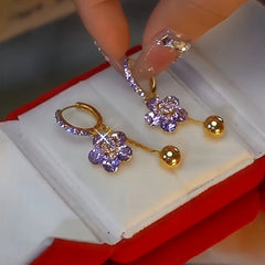 14K Gold-plated Elegant Purple Zircon Flower Earrings