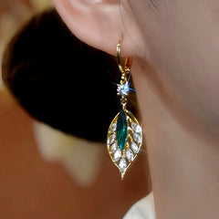 14K Gold Plated Zircon Green Leaf Earrings