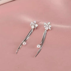 Sterling Silver Diamond Flower Pearl Earrings