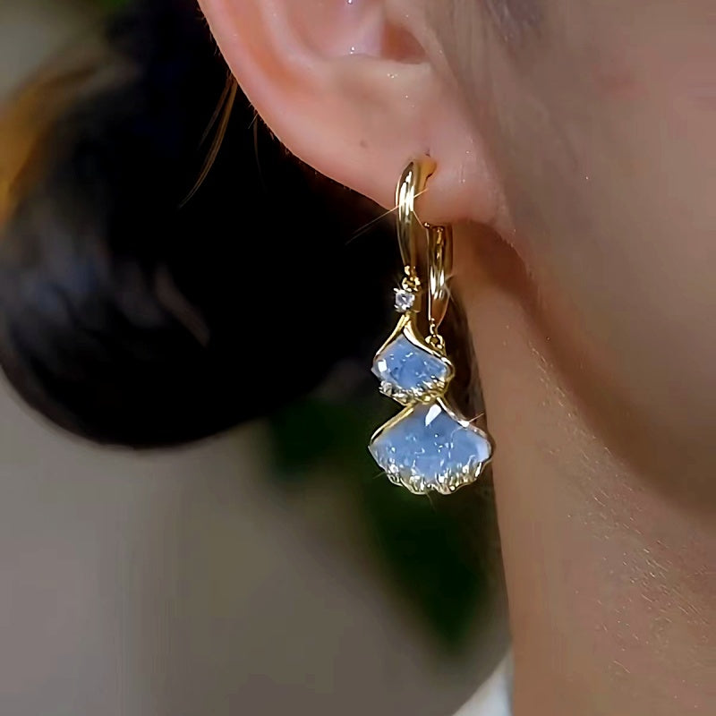 14K Gold-Plated Elegant Light Blue Crystal Leaf Earrings