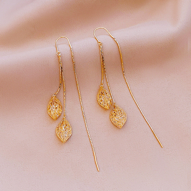 14k Gold-plated Leaf Tassel Threader Earrings