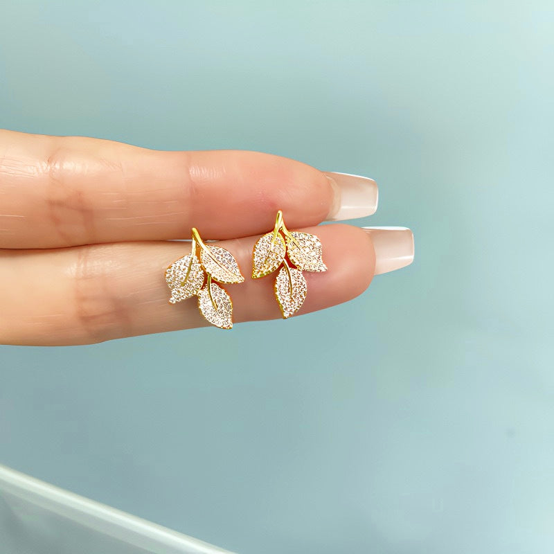 14K Gold-Plated Diamond Leaf Studs