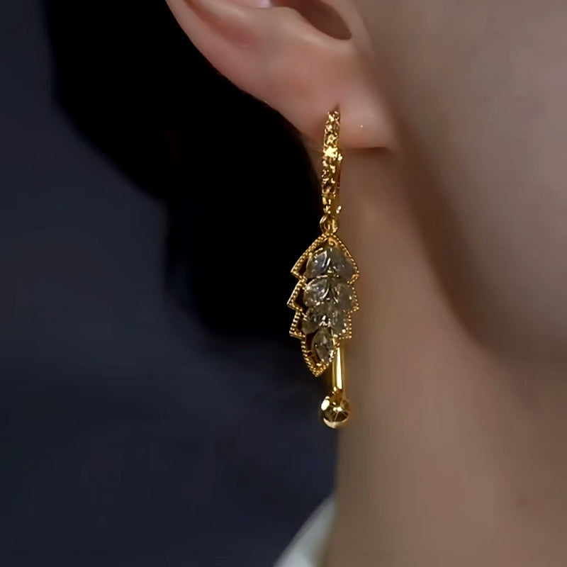 14K Gold-Plated Elegant Gray Diamond Leaf Earrings
