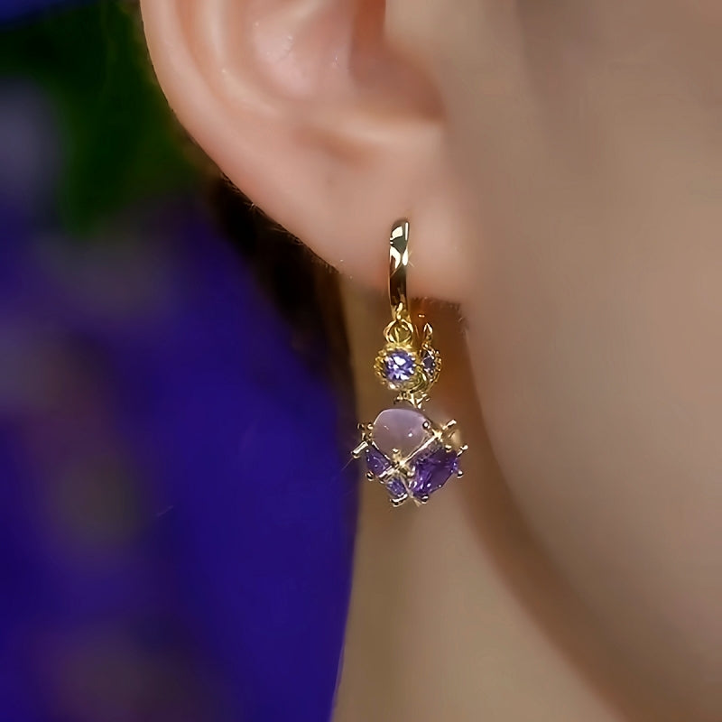 14K Gold-Plated Elegant Purple Zircon Diamond Cat's Eye Stone Tassel Earrings