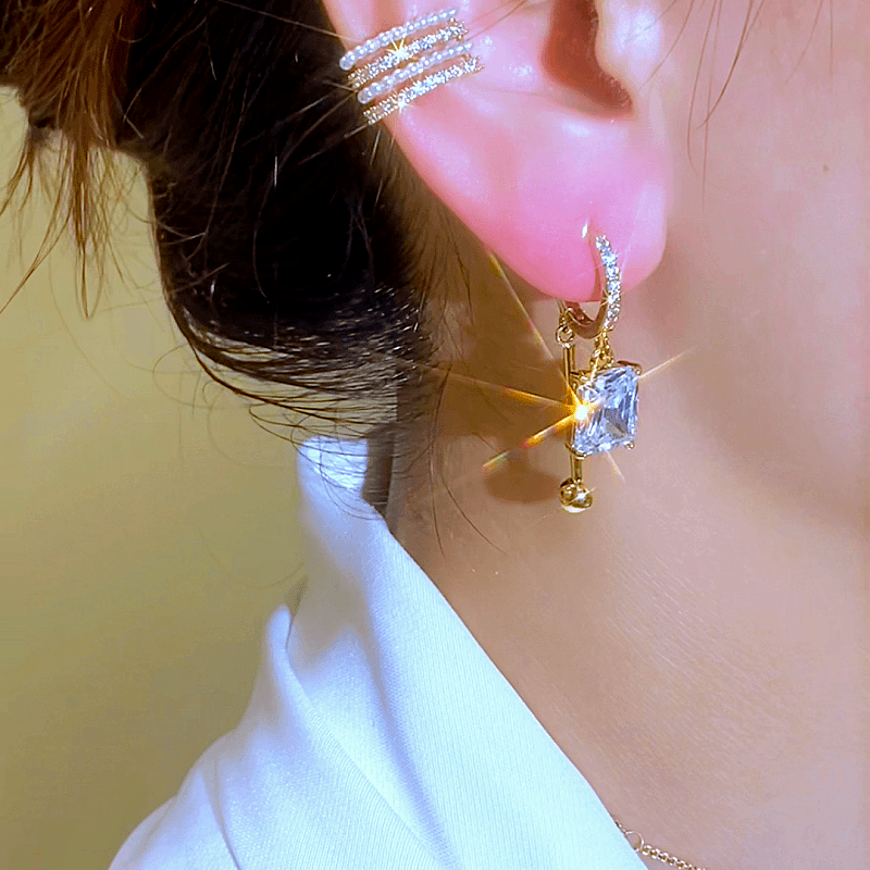 14K Gold-Plated Luxury Diamond Square Earrings