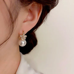 14K Gold-Plated Luxury Zircon Flower Pearl Earrings