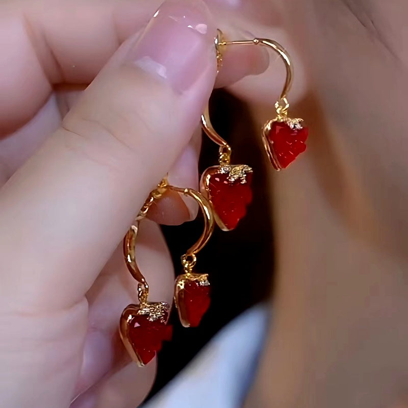 14K Gold-Plated Zircon Red Heart Earrings