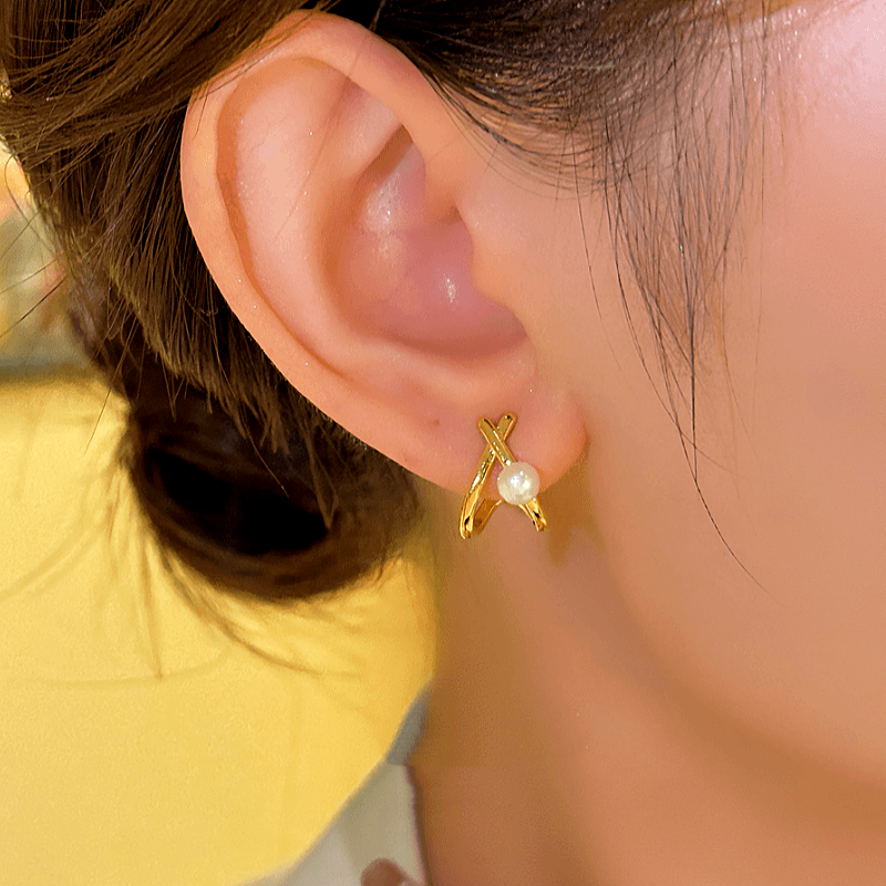 14K Gold-plated Luxury Cross-Bead Stud Earrings