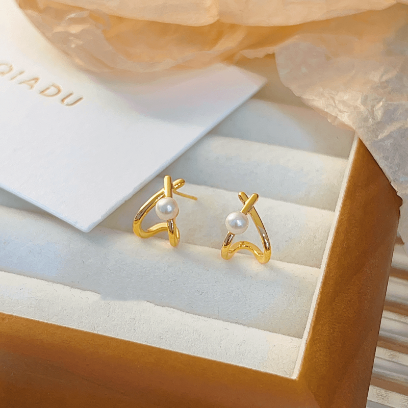 14K Gold-plated Luxury Cross-Bead Stud Earrings