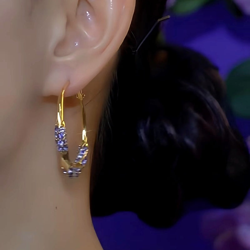 14K Gold-plated Zircon Purple Diamond Hoop Earrings