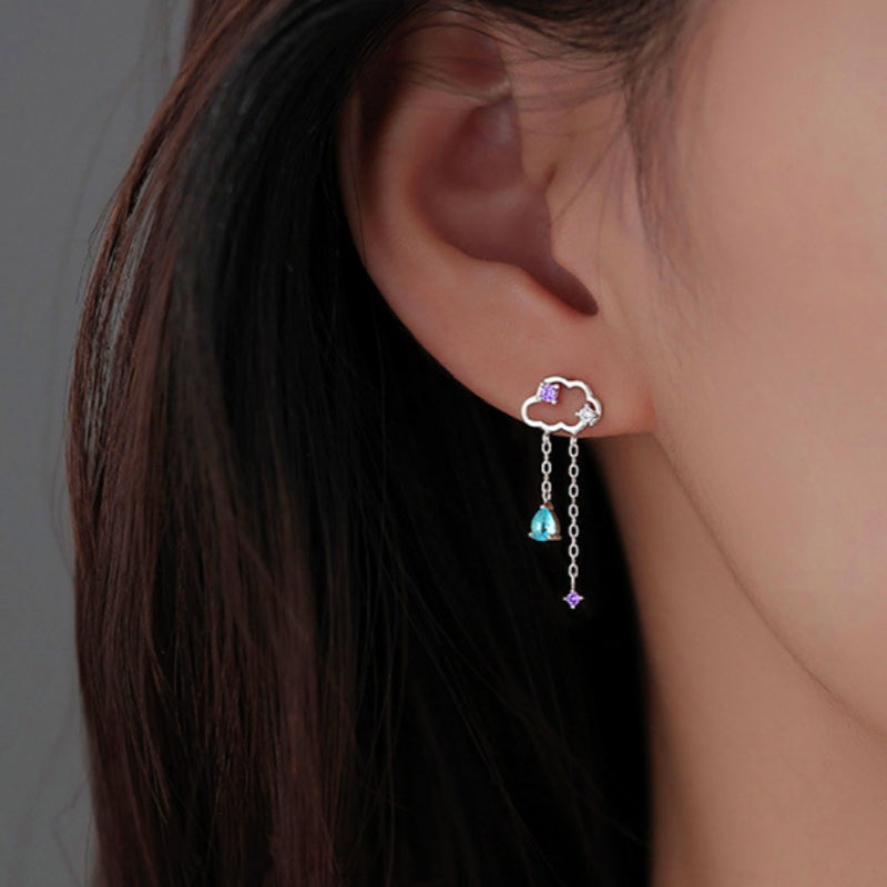 Sterling Silver Cloud and Diamond Water Drop Earrings
