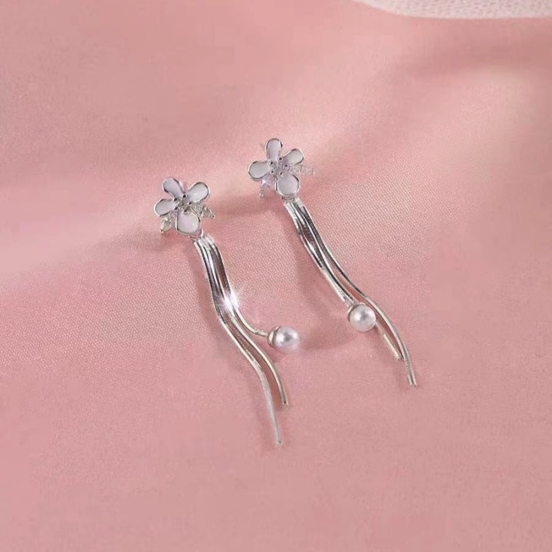 Sterling Silver Diamond Flower Pearl Earrings