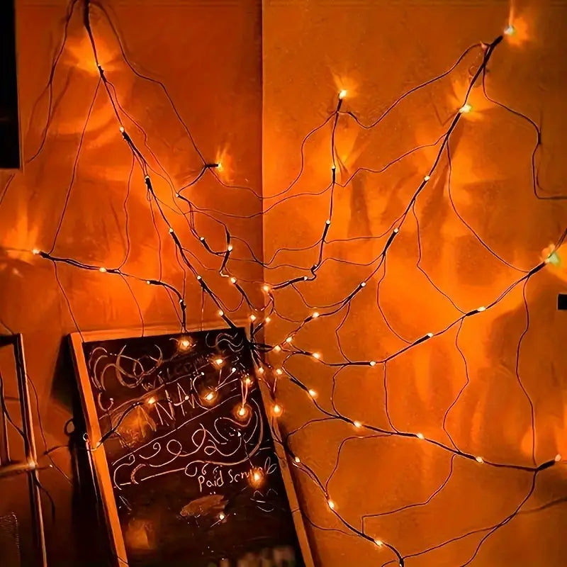 Halloween LED Spider Web Light Decor, featuring 70 LED lights, USB-powered with remote control