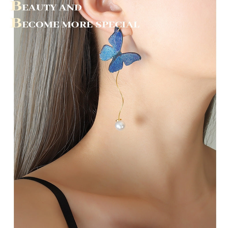 Blue Resin Butterfly Artificial Pearl Threader Earrings